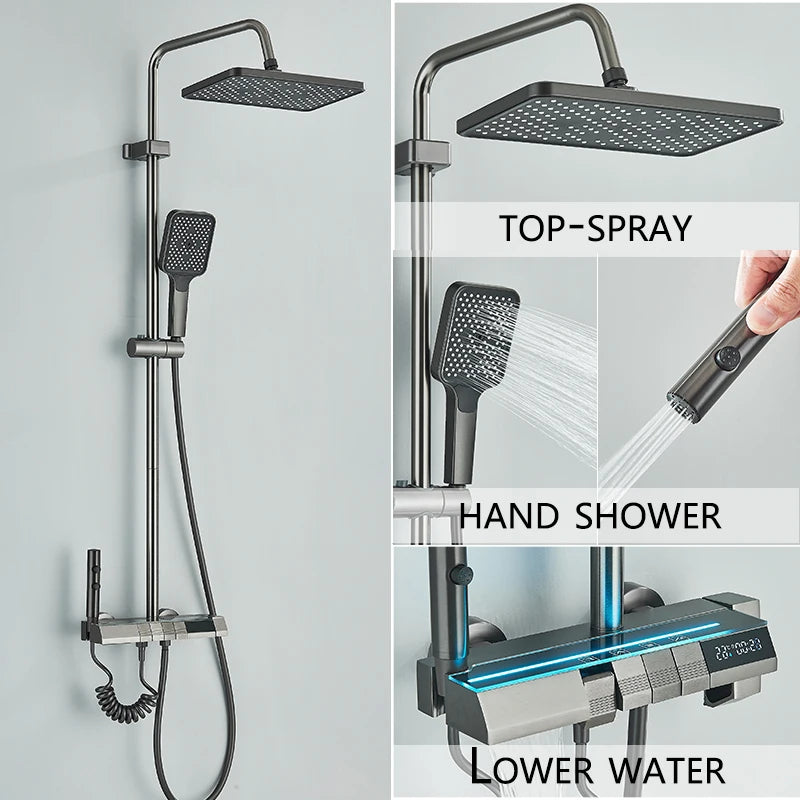 4 Piano Button Function Smart Digital Display LED Cold Hot Shower Faucet with 3 Modes Handshower 2 Modes Booster Spray Gun