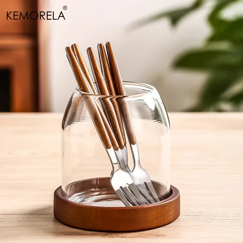 KEMORELA 1PCS Tableware Storage Jar with Tray Chopsticks Organizer Knife Fork Rack Fruit Fork Holder for Kitchen Organization