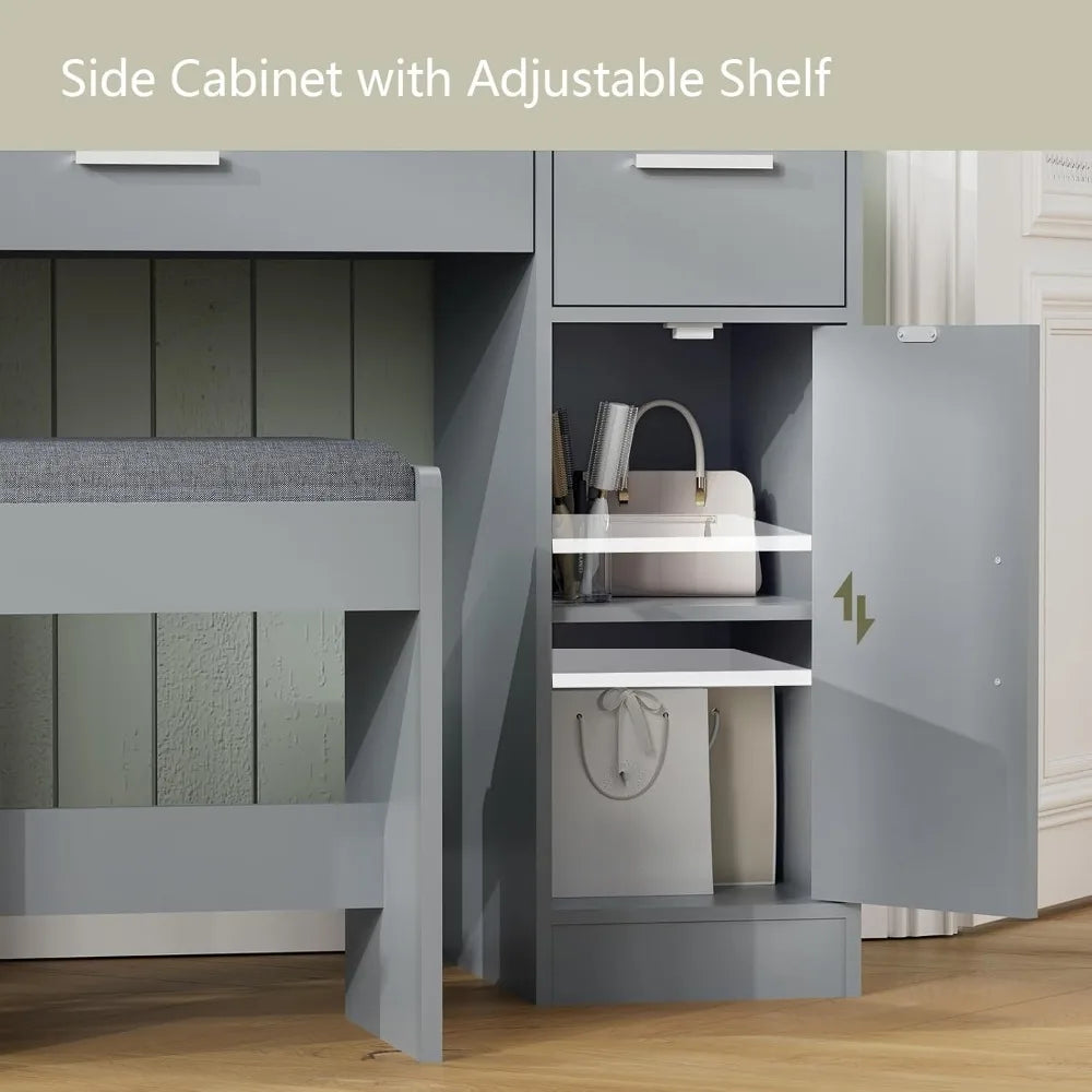Large Vanity with Mirror and Light,Gray Dressing Table Set with 3 Drawers, 2 Cabinets and 10 LED Bulbs Dresser with Stool for W