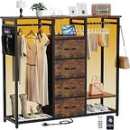 Dresser for Bedroom with 2 Clothes Racks, 4 Drawer Closet with Led Light and Charging Station, Black Wardrobe with Hanging Rack,