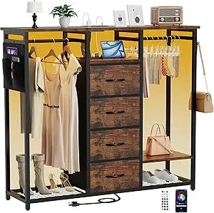 Dresser for Bedroom with 2 Clothes Racks, 4 Drawer Closet with Led Light and Charging Station, Black Wardrobe with Hanging Rack,