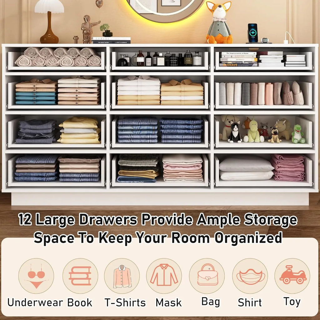 White 12 Drawers Dresser w/Power Outlet,60000-Colors Lights,63In Long Dresser Chest for Bedroom,Wooden Tall Large Capacity