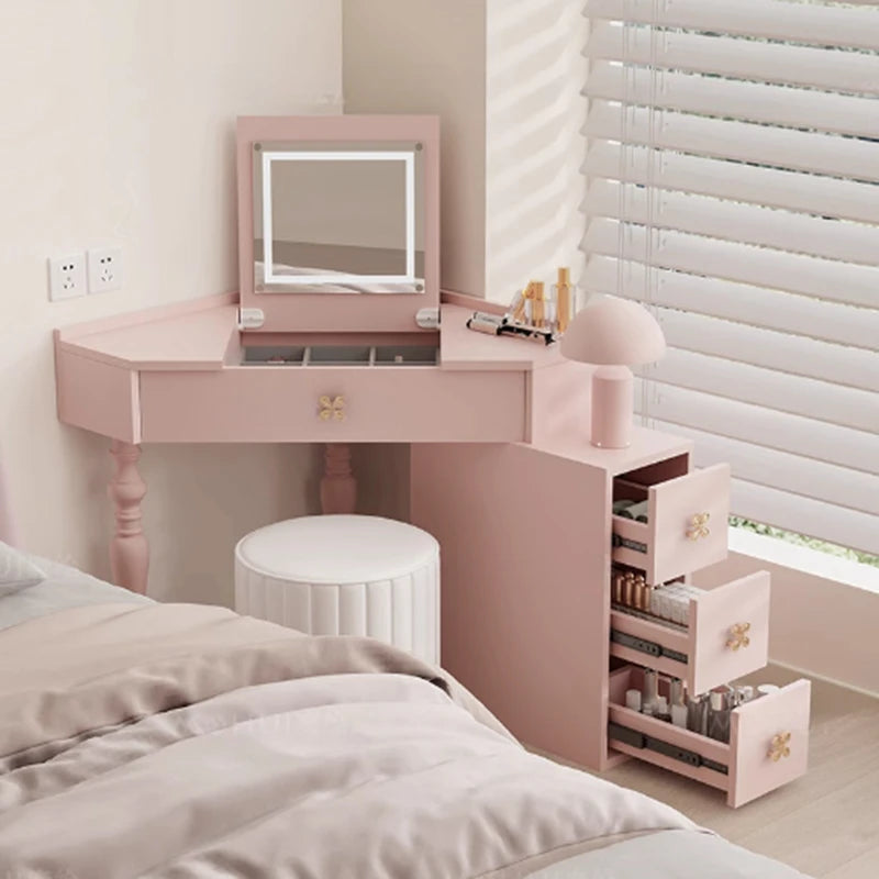 Flip Lights Storage Vanity Table Mirror Drawers Woman Small Cabinet Bedroom Dressers Girl Makeup Pink Coiffeuse Furniture Home