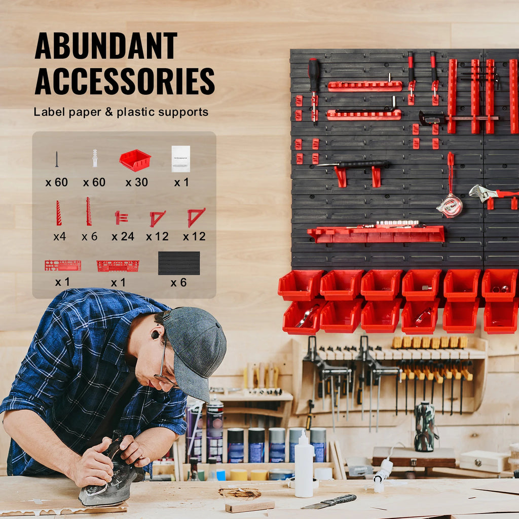 SucceBuy Wall Mounted Storage Bins 30/48-Bin Parts Rack Organizer Garage with Wall Panels Hooks Plastic Shop Tool