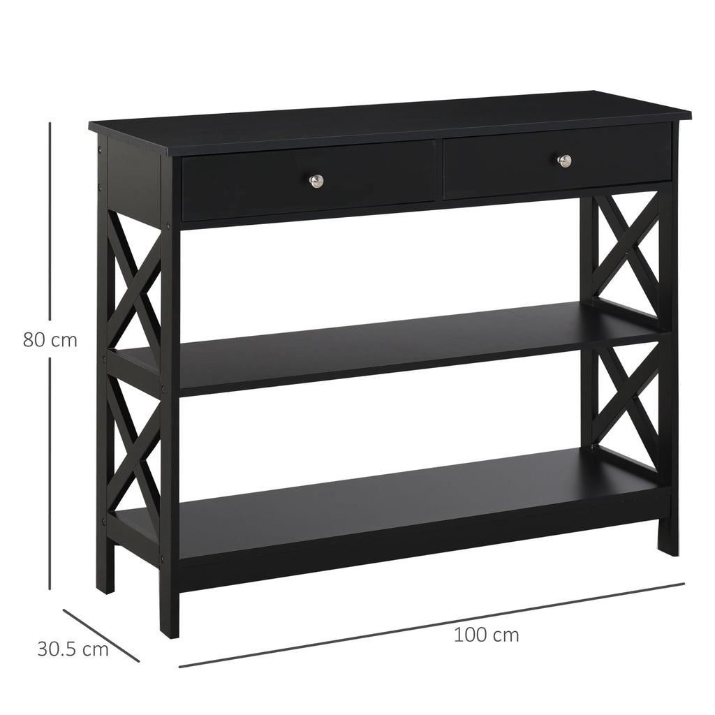 HOMCOM Console Table Side Desk Shelves Drawers Open Top X Support Hallway Black
