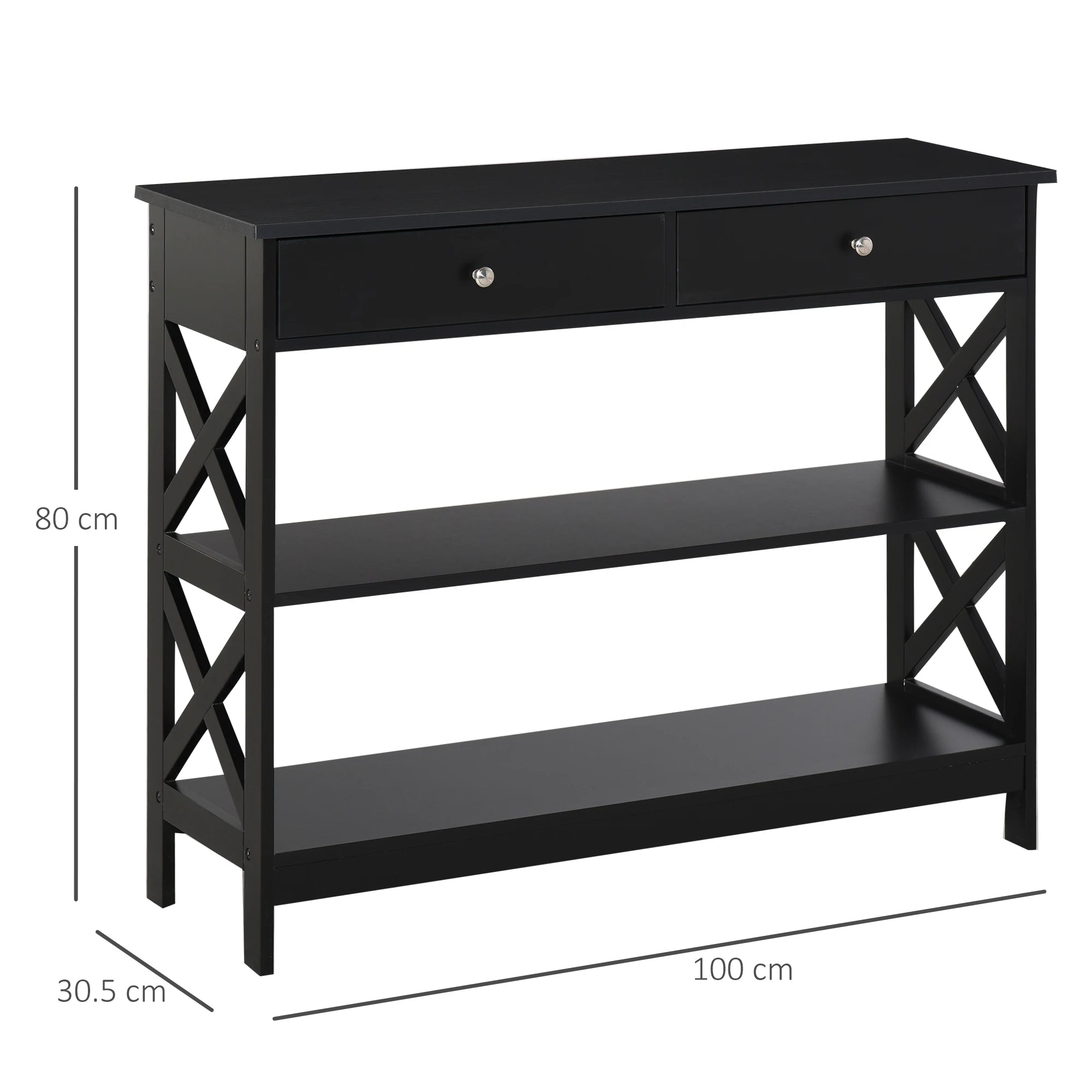 HOMCOM Console Table Side Desk Shelves Drawers Open Top X Support Hallway Black