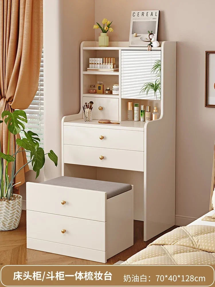 Bedroom Cream Style Dressing Table, Solid Wood Dressing Table, Small Bedside Table, Small Storage Cabinet Dressers for Bedroom