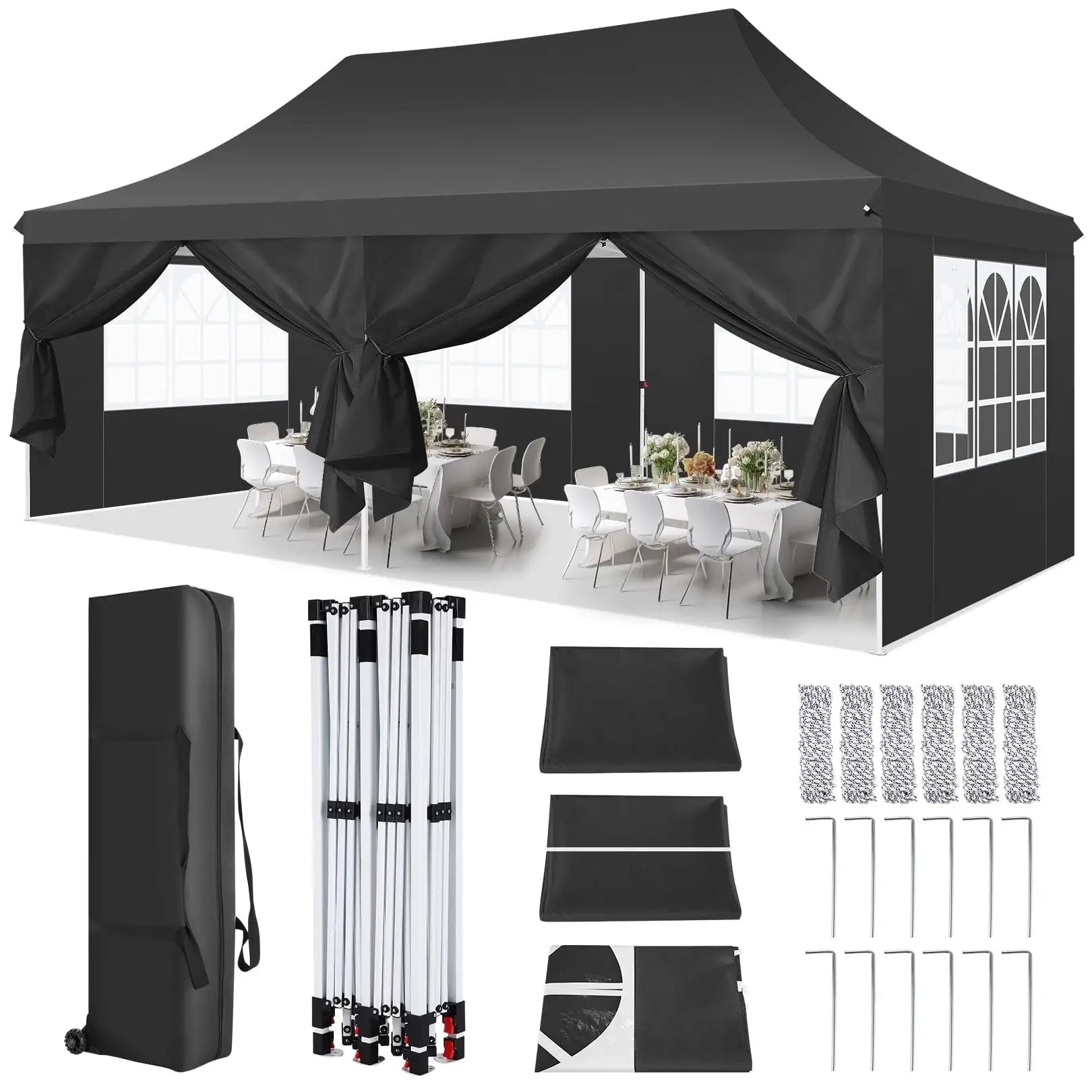 Pavilion Popup Gazebo 3x6m Waterproof Folding Gazebo Tent Party Tent with 4 Side Panels 6 Sandbag UV 50+ Height Adjustable 2-3M
