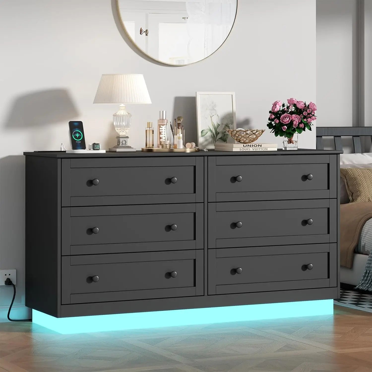 6 Drawer Dresser with Power Outlet, Modern Chest of Drawers with Led Light, Double Wide Drawer Organizer Cabinet