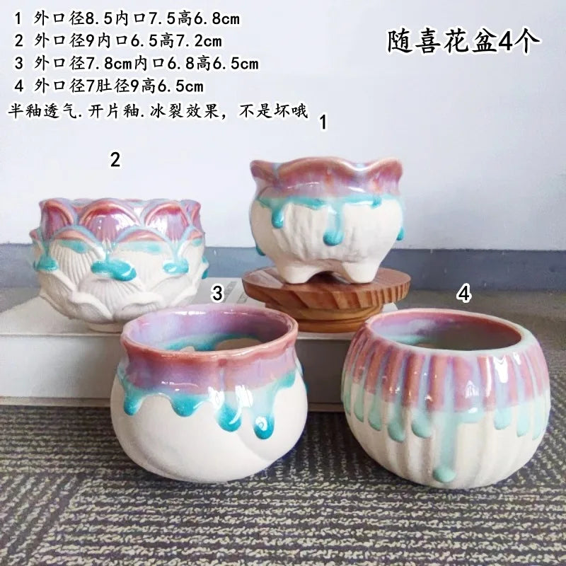 4/6pcs Creative Succulent Planters Succulent Pot Ice Cracked Flow Glaze Peach Egg Ceramic Green Plant Pot Planter Flower Pot