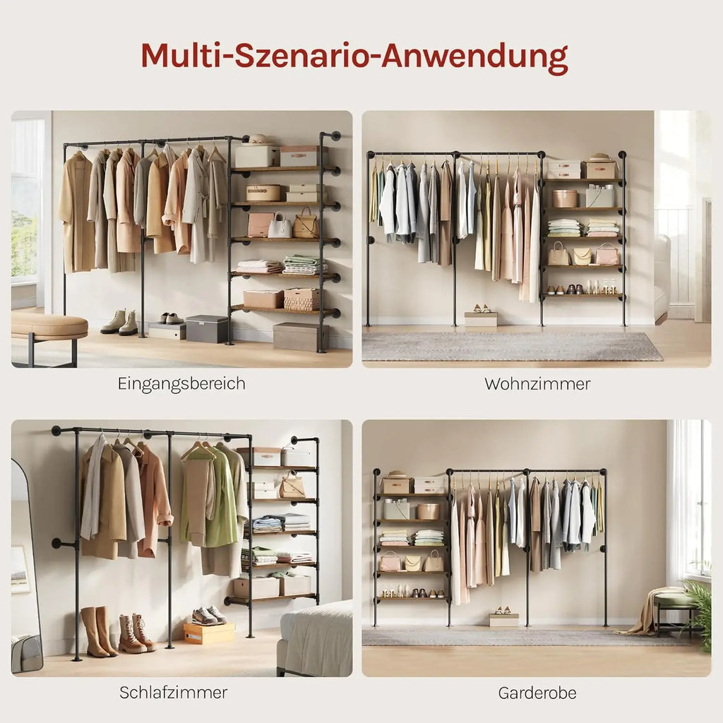 WOLTU Wall Mounted Open Wardrobe with 1&5 MDF Shelves Steel Tube Clothes Rail Industrial Style Coat Rack for Cloakroom Bedroom
