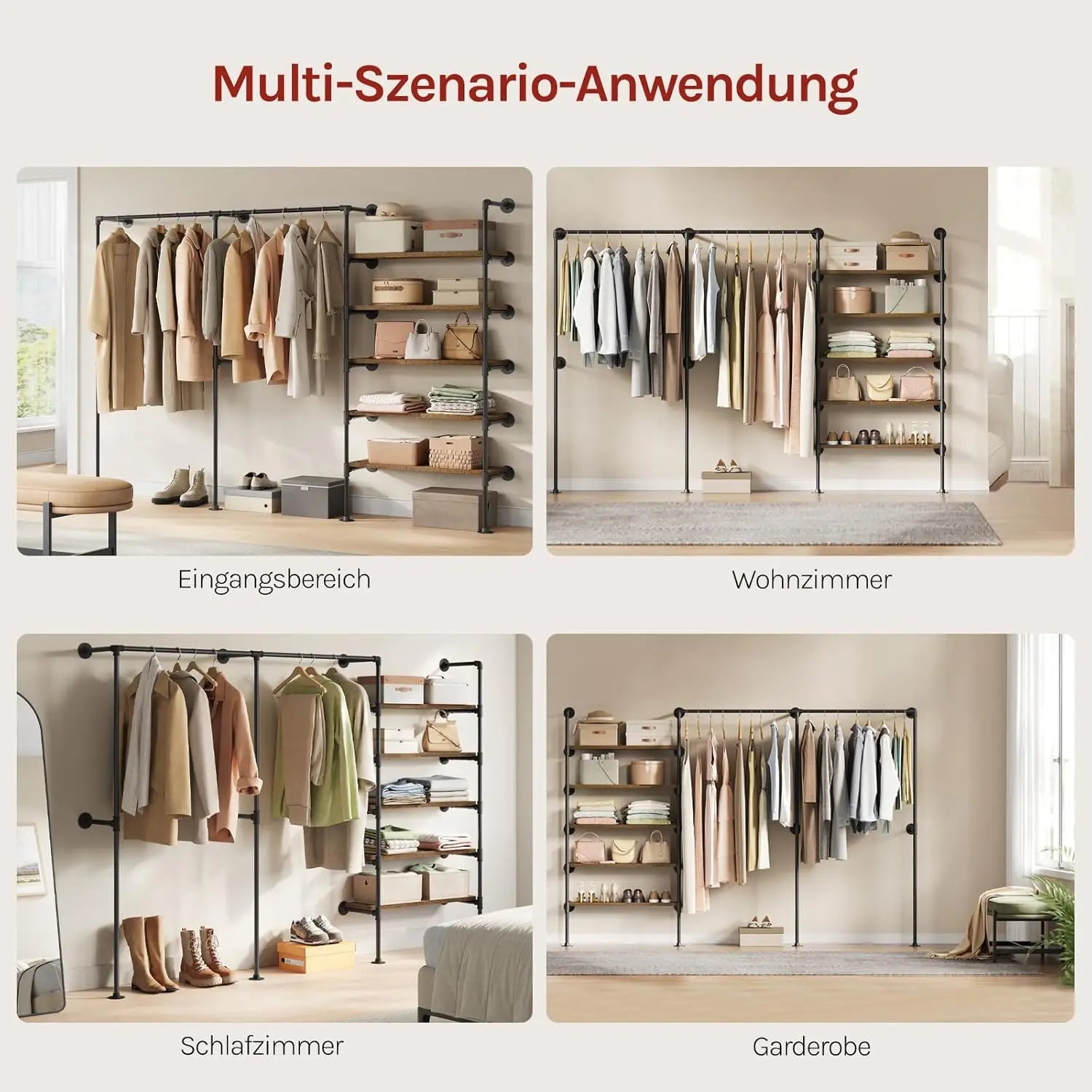 WOLTU Wall Mounted Open Wardrobe with 1&5 MDF Shelves Steel Tube Clothes Rail Industrial Style Coat Rack for Cloakroom Bedroom
