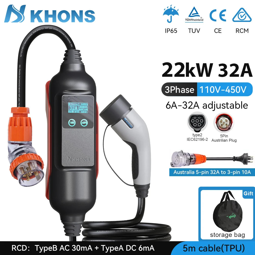 Khons Type2 EV Charger 22kw 32A Three-Phase Portable EV Charger EVSE Wallbox With Australian Industrial Plug For BYD Tesla Cars