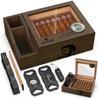 Cigar Humidor with Cigar Cutter,V-Cutter,Punch Set,Humidor Cigar Box with Humidifier and Digital Hygrometer,Glass Top Cedar Case