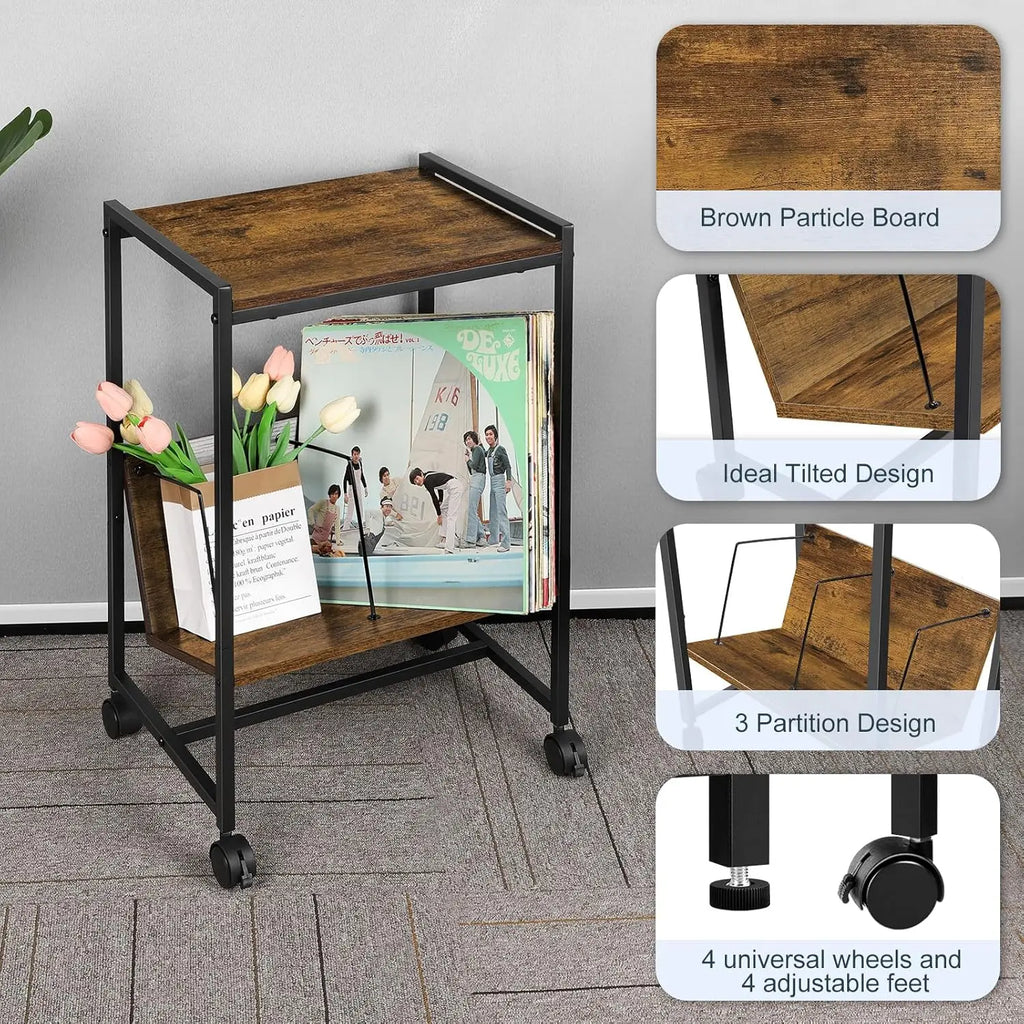 Record player stand, turntable stand with wheels, bedside table, record player table with album storage rack