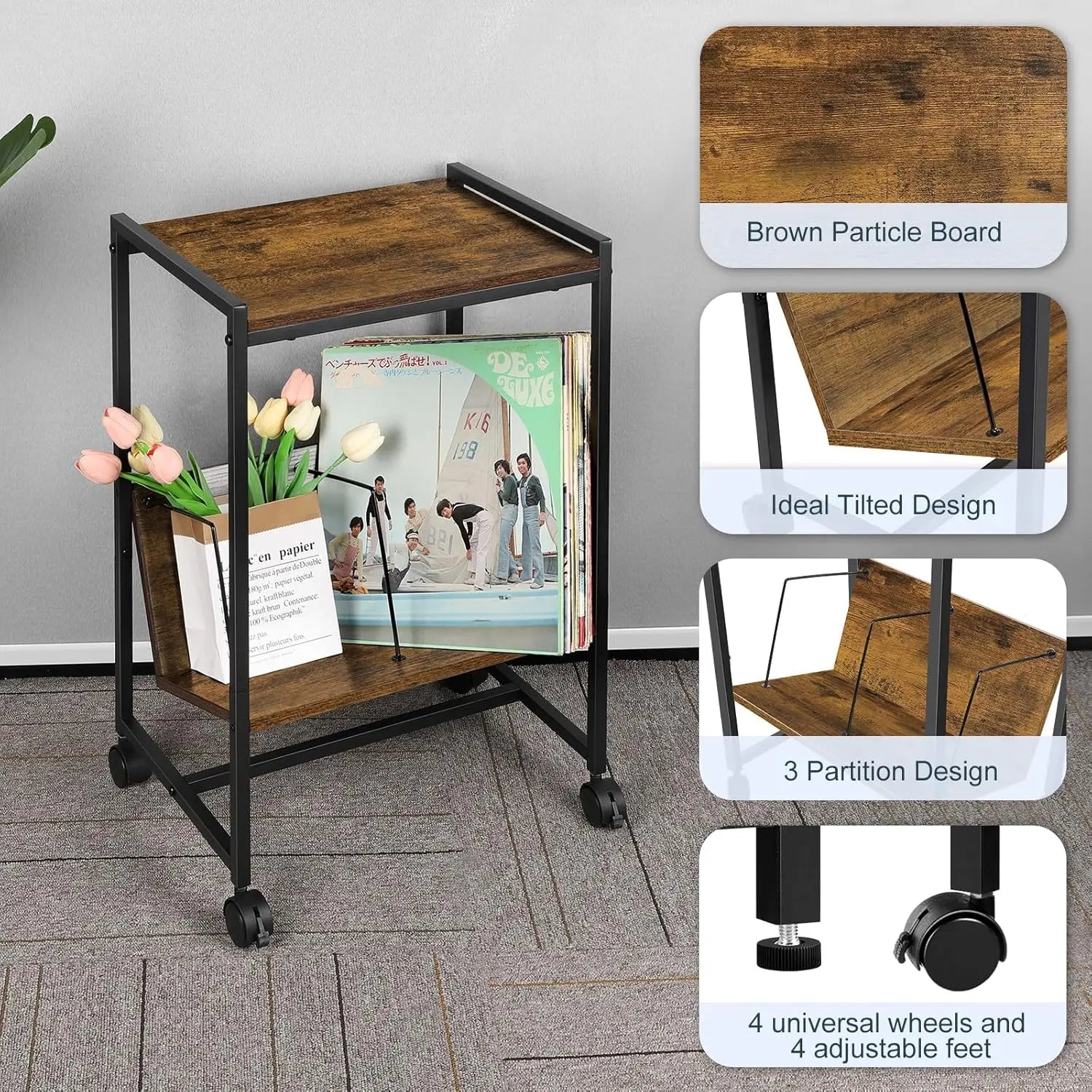Record player stand, turntable stand with wheels, bedside table, record player table with album storage rack
