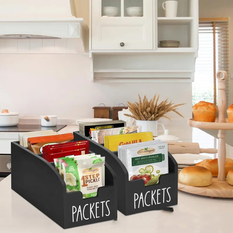 Kitchen spice bag storage box, wooden spice rack with 4 compartments, kitchen counter and pantry food bag organizer