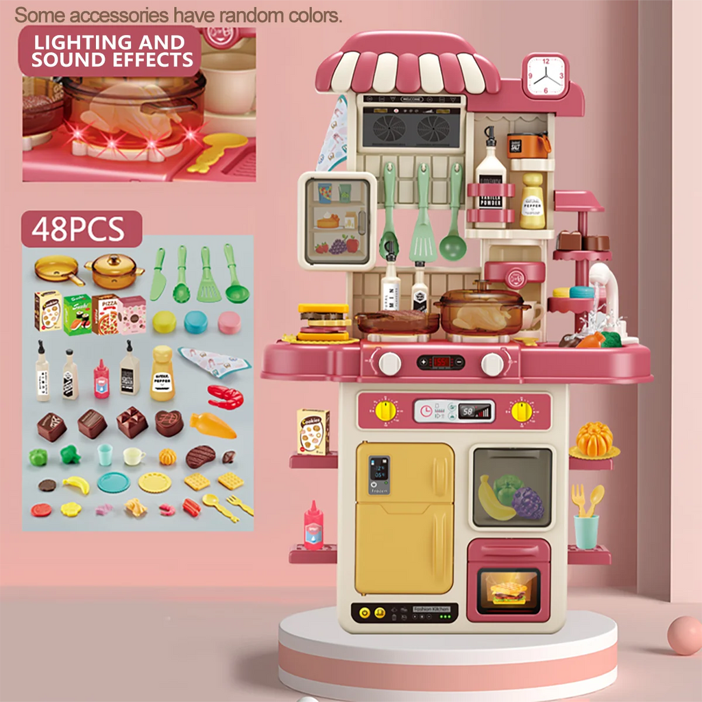 Simulated Kitchen Playset with Lights Sound Spray Steam, Kids Pretend Cooking Toy, Tableware Sink Set, Gift for Boys Girls