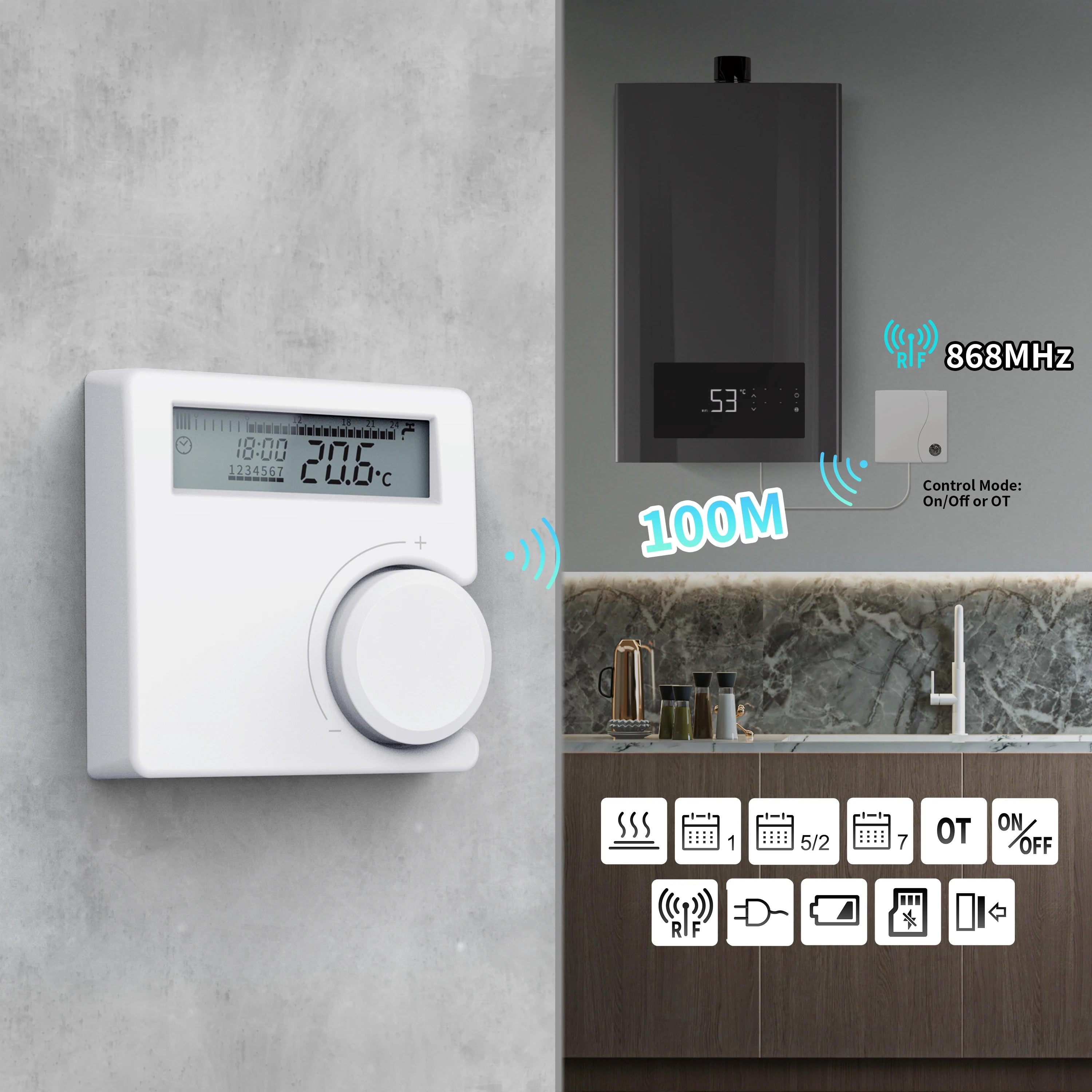 Opentherm Wireless Boiler Thermostat Room Heating Low Power Battery Thermostat Boiler Digital Temperature Controller Wall Mount