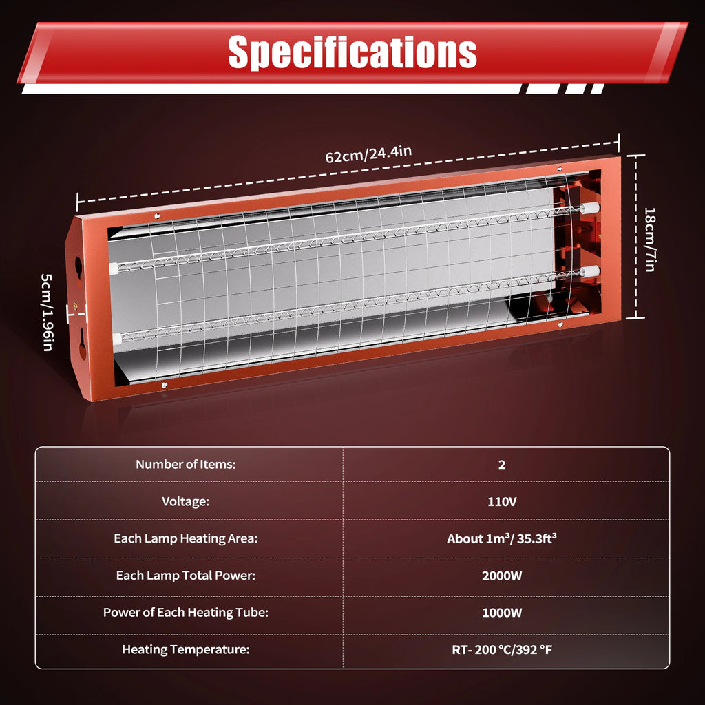 2Pcs 2000W Infrared Paint Curing Lamp for Drying Hot Paint Dryer Heati