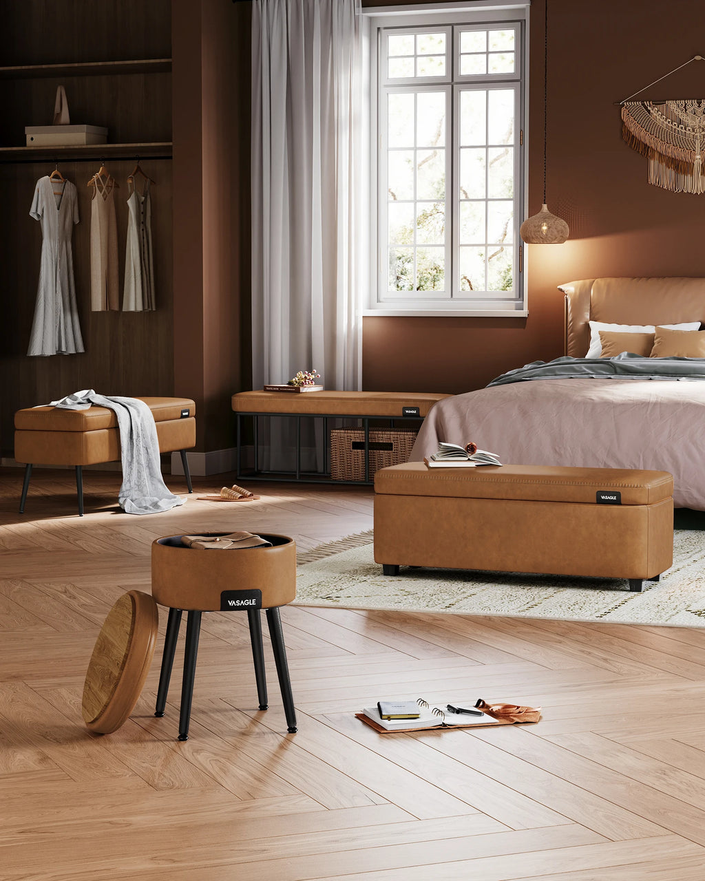 VASAGLE EKHO Collection - Storage Ottoman, Dressing Table Stool, Synthetic Leather with Stitching and steel Legs, Loads 150