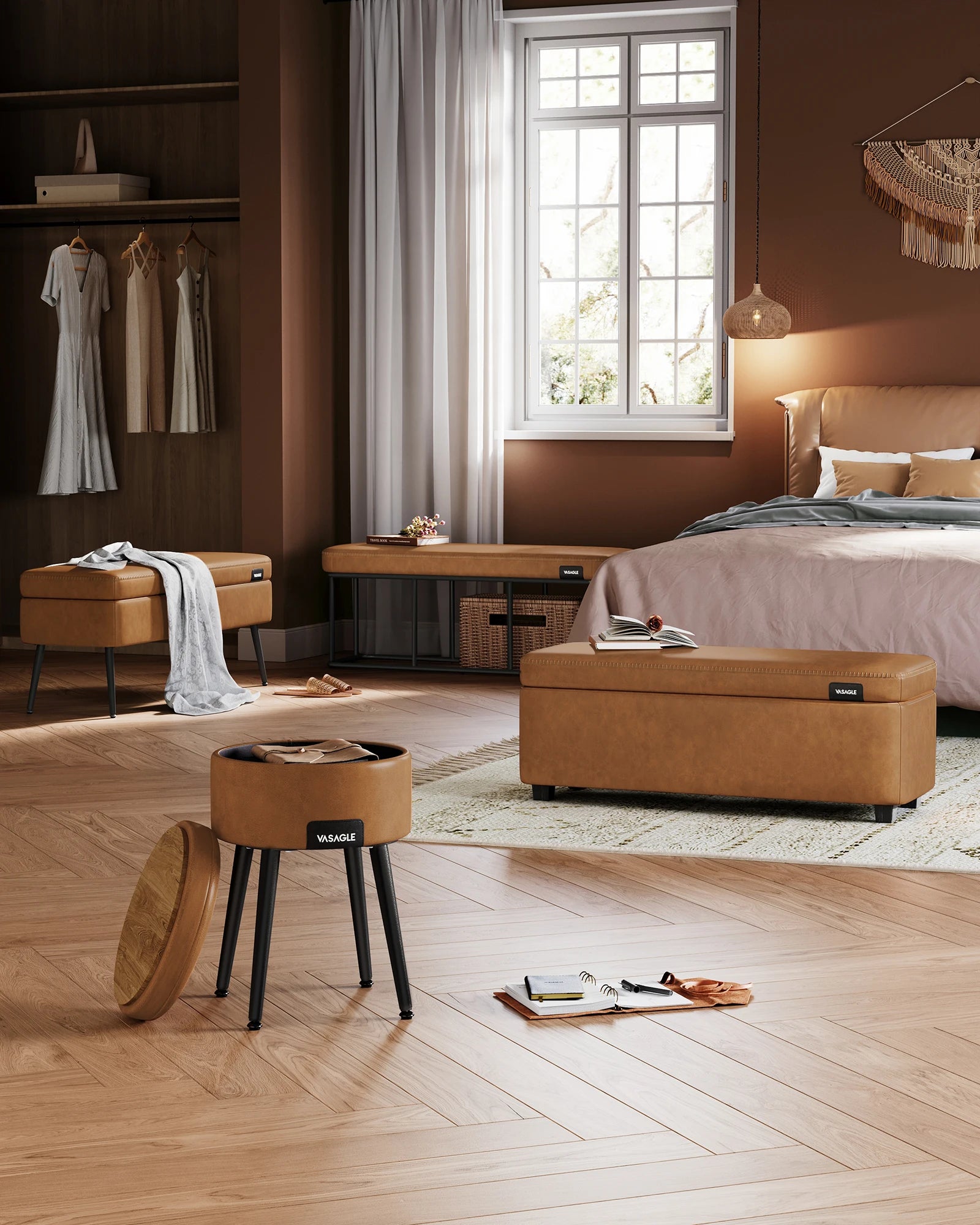 VASAGLE EKHO Collection - Storage Ottoman, Dressing Table Stool, Synthetic Leather with Stitching and steel Legs, Loads 150