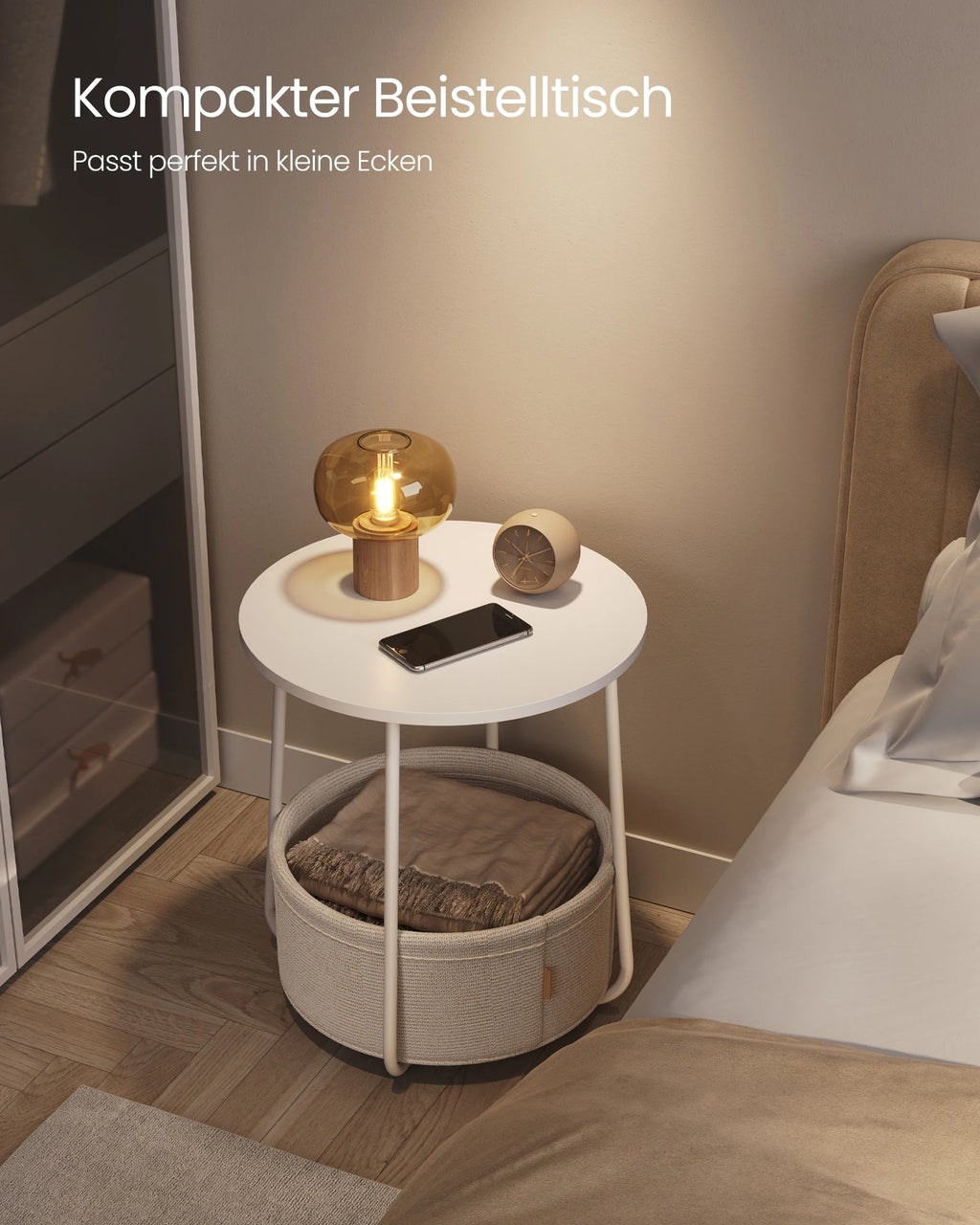 VASAGLE side table round small table coffee table small living room table with fabric basket living room storage space