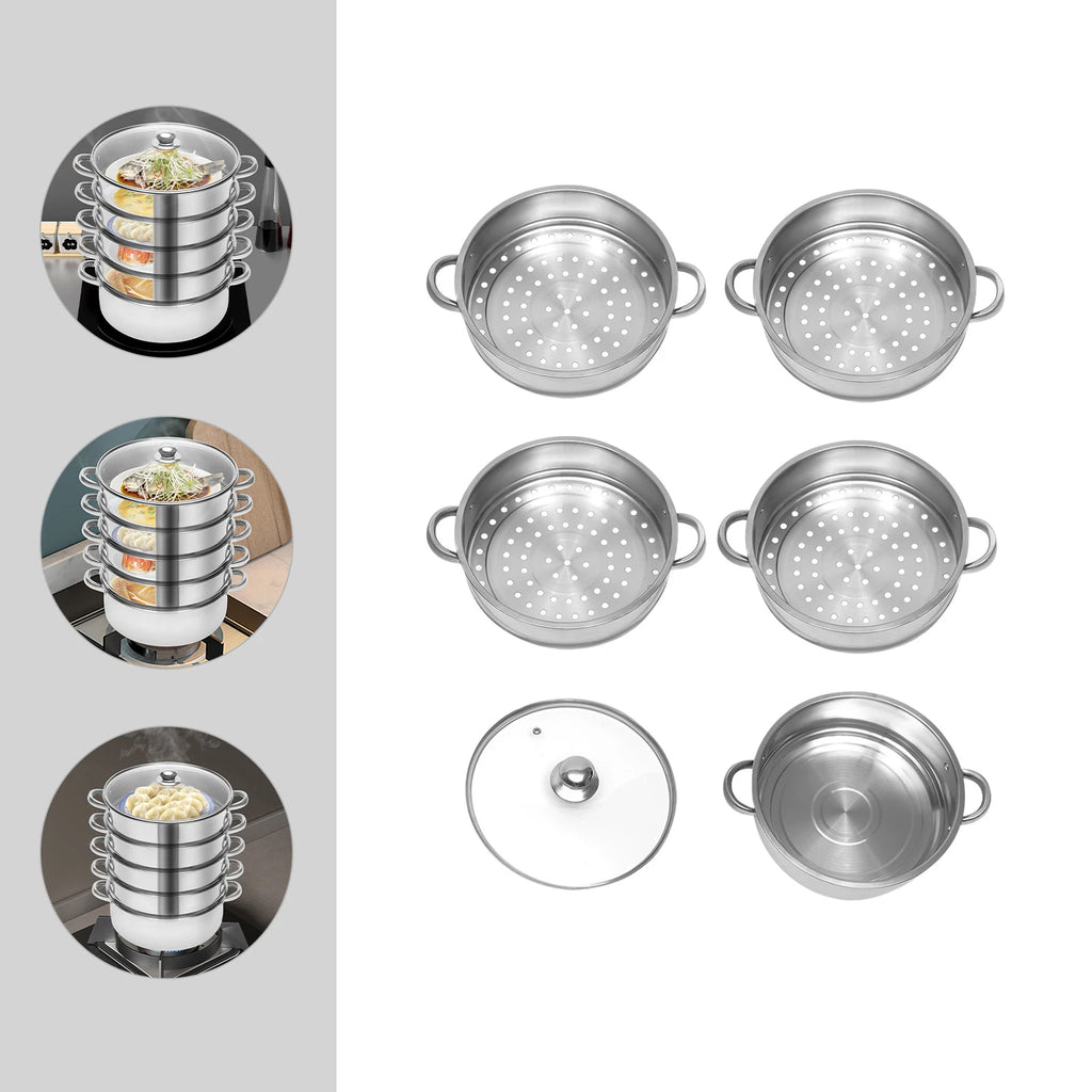 5 Tier Stainless Steel Steam Cooker Steamer Food Vegetable Pot Kitchen 26CM/28CM/30CM