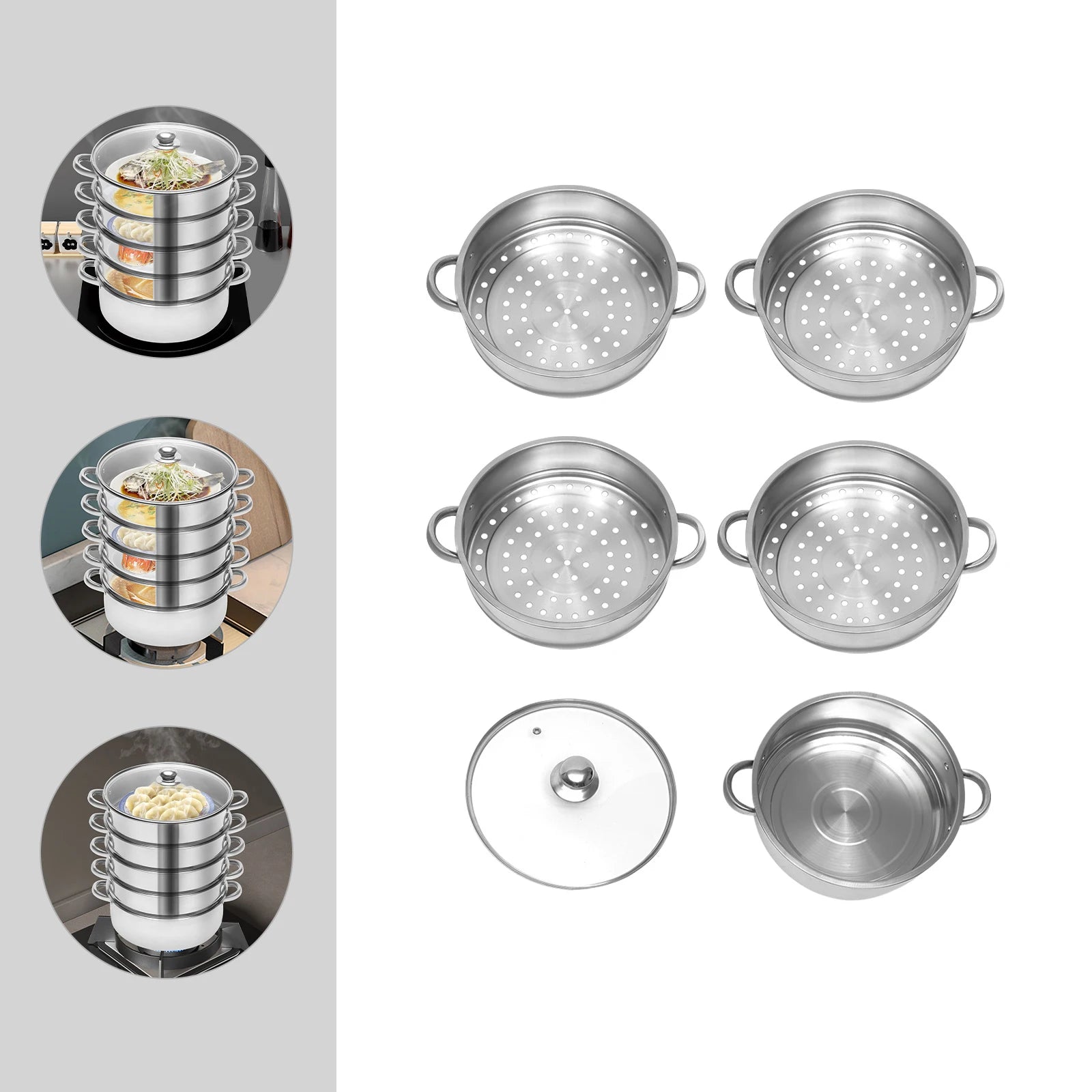 5 Tier Stainless Steel Steam Cooker Steamer Food Vegetable Pot Kitchen 26CM/28CM/30CM