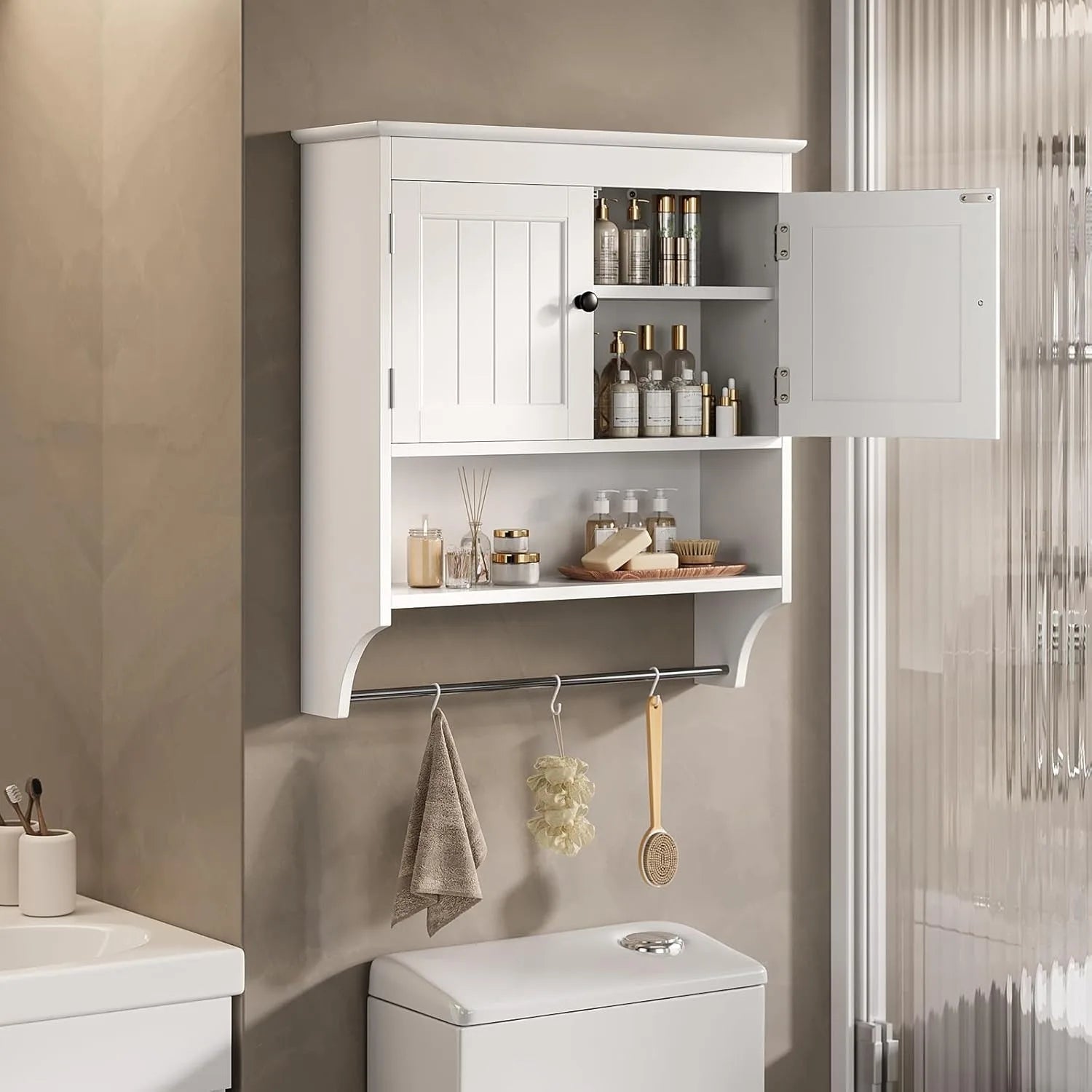 Bathroom Wall Cabinet with Towels Bar, Wall Mounted Medicine Cabinet with 2 Door and Adjustable Shelves, Space Saver