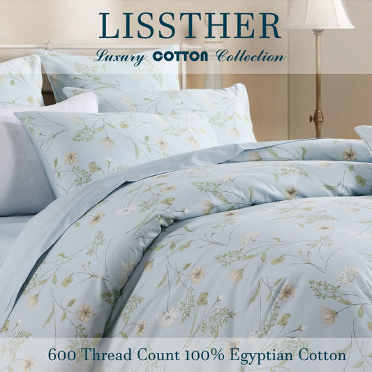 3pcs 600TC 100% Egyptian Cotton Duvet Cover Set, Light Blue Shabby Chic Floral, Soft Skin-Friendly (No Inserts)