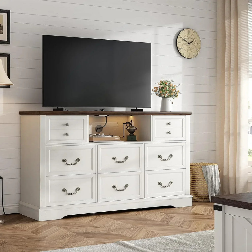55 Inch 8 Drawers Dresser, Wide Rustic Wood Dressers & Chest of Drawers for Bedroom, Hallway with Power Outlets and LED Lights
