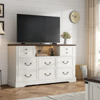 55 Inch 8 Drawers Dresser, Wide Rustic Wood Dressers & Chest of Drawers for Bedroom, Hallway with Power Outlets and LED Lights