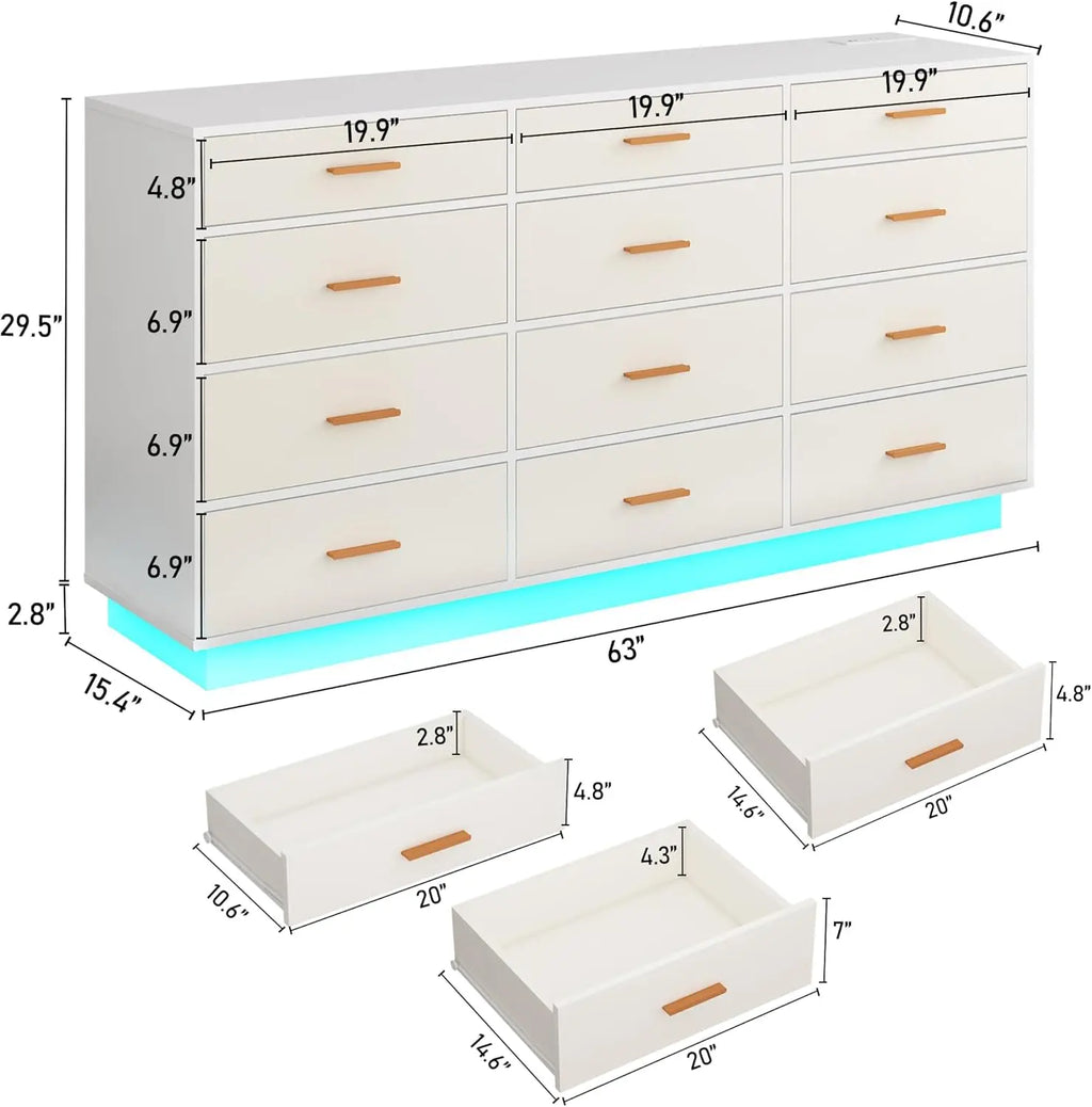 White 12 Drawers Dresser w/Power Outlet,60000-Colors Lights,63In Long Dresser Chest for Bedroom,Wooden Tall Large Capacity