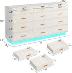 White 12 Drawers Dresser w/Power Outlet,60000-Colors Lights,63In Long Dresser Chest for Bedroom,Wooden Tall Large Capacity