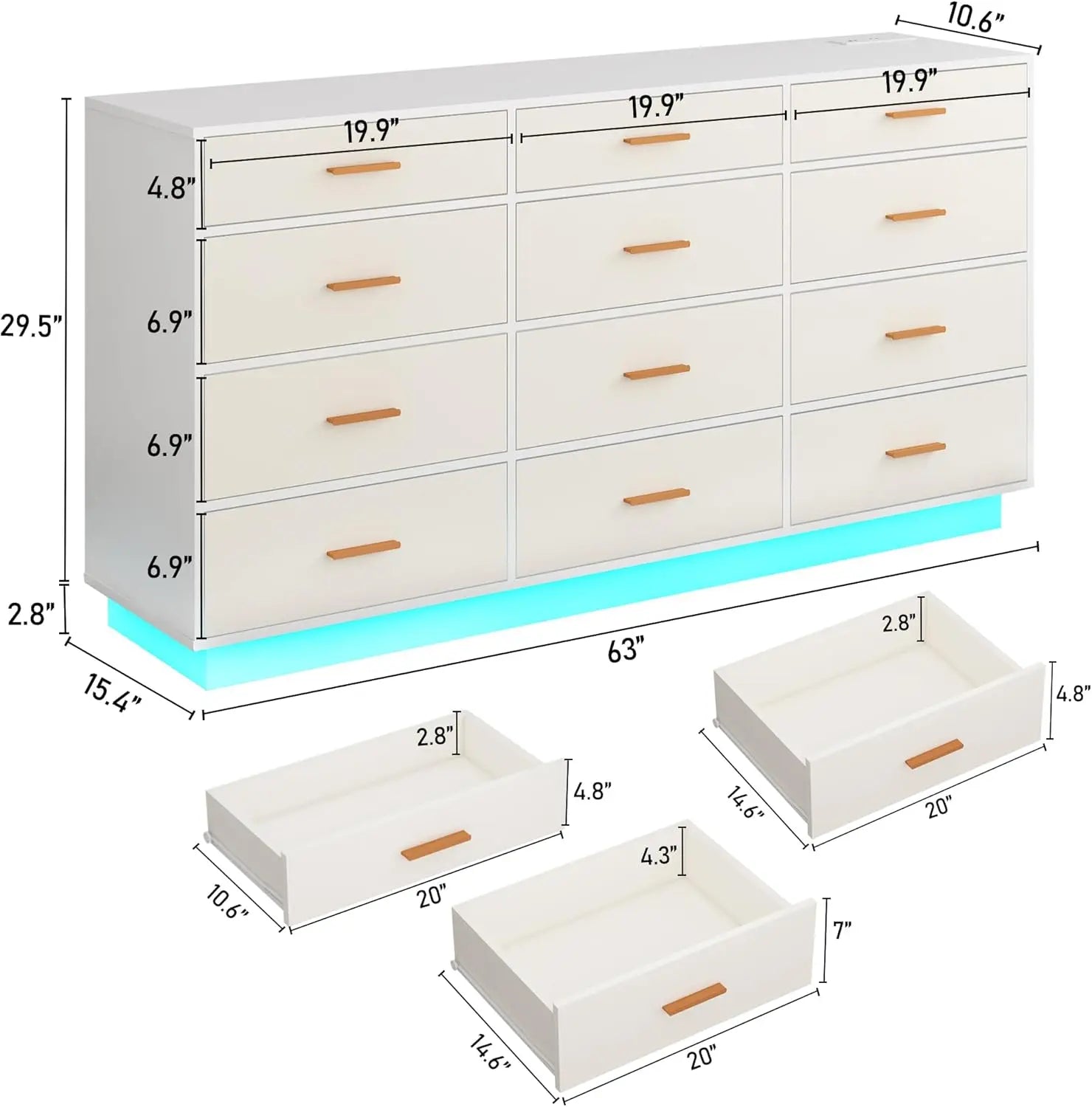 White 12 Drawers Dresser w/Power Outlet,60000-Colors Lights,63In Long Dresser Chest for Bedroom,Wooden Tall Large Capacity