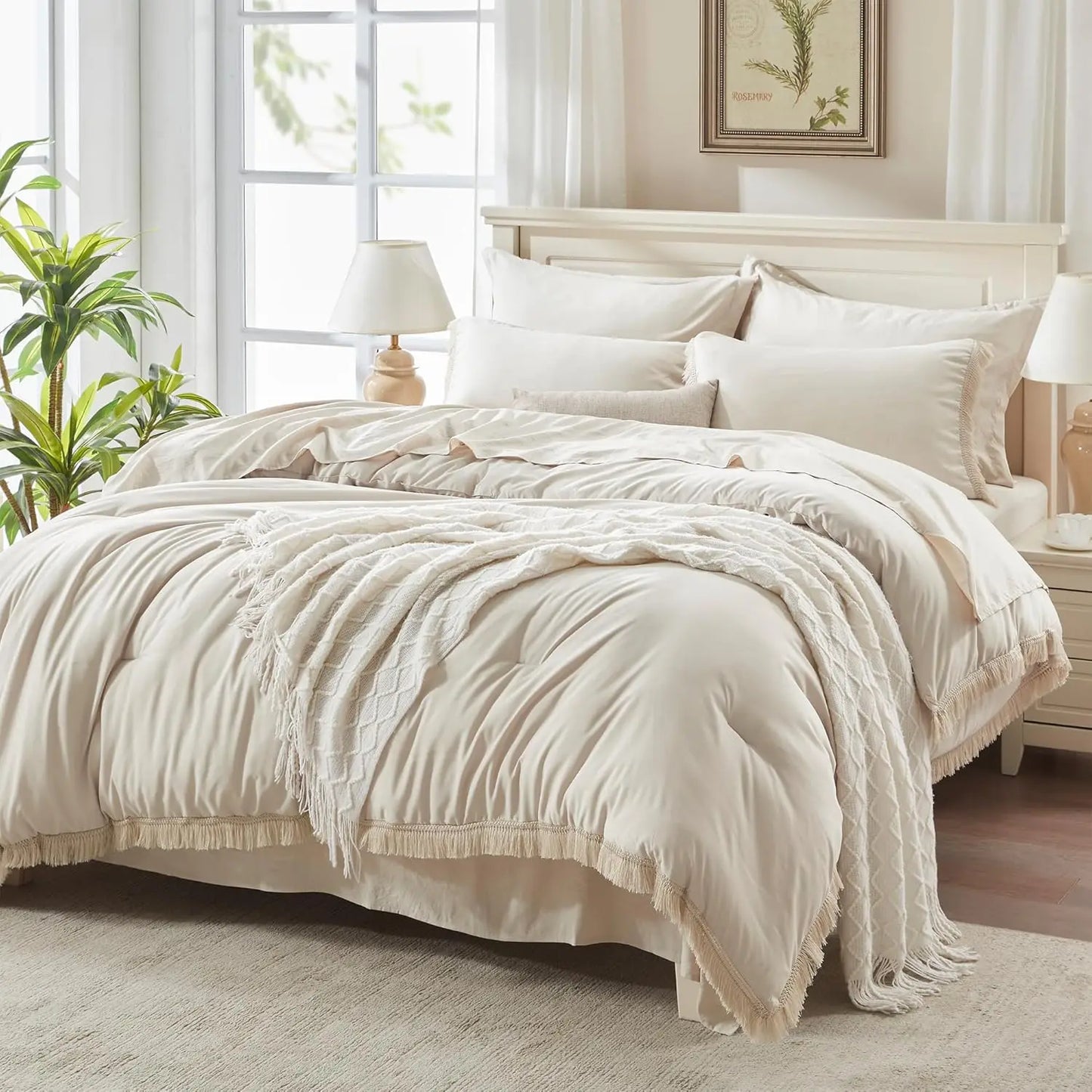 Comforter Set King Size, with Sheets 7 Pieces Boho Tassel Bed in a Bag Soft Lightweight Bedding Sets, All Season Fringe Bed Set