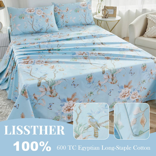4pcs 600TC 100% Egyptian Cotton Sheet Set, Vintage Blue Bird Watercolor Floral, Soft Skin-Friendly (No Inserts)