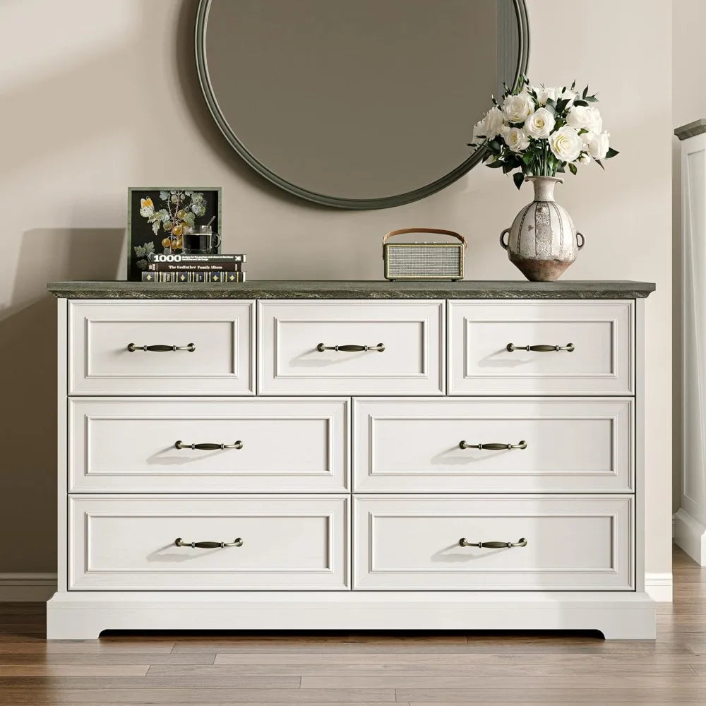 Farmhouse 7 Drawers Dresser for Bedroom, 48" Wide Modern Chest of Drawers with Deep Drawers & Bar Handles, Rustic Wood Dresser T