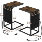 Brown C-Shaped End Table w/Charging+Storage, 2PC Metal Frame Set for Living/Bedroom, Space-Saving Multi-Use
