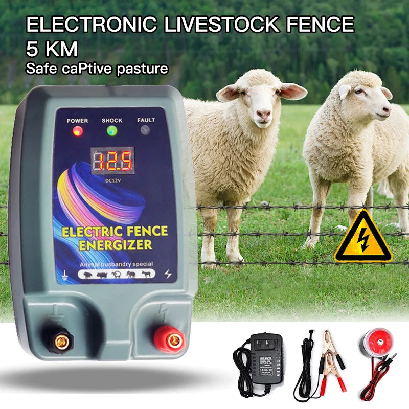 5KM Electric Fence Energizer 12V 2A for Animals Cattle Sheep Horse Chicken Farm Livestock 1.5 Joules Pulse Controller Device