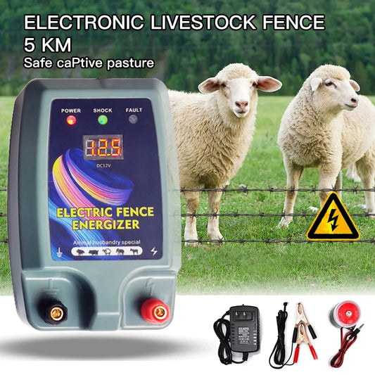 5KM Electric Fence Energizer 12V 2A for Animals Cattle Sheep Horse Chicken Farm Livestock 1.5 Joules Pulse Controller Device