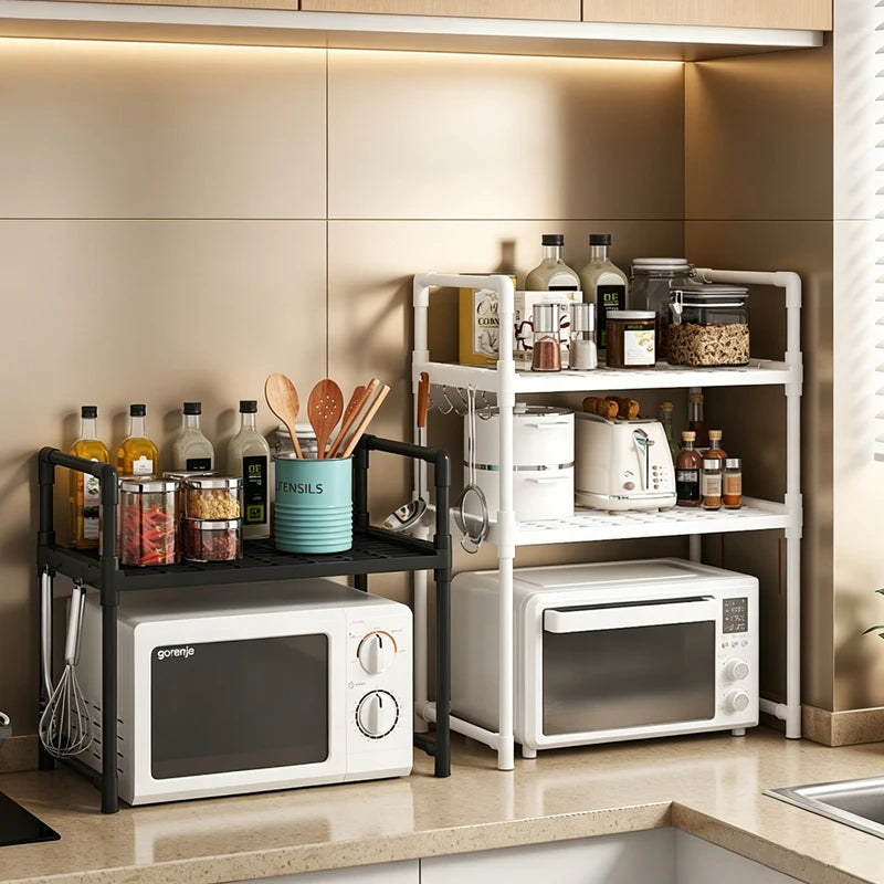 2/3 Floor Kitchen Microwave Rack, Desktop Oven and Toaster Storage Rack, With Hooks to Save Space, Kitchen Storage Rack