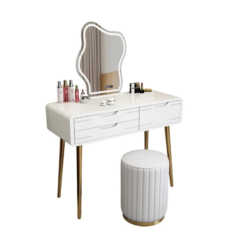 Modern Luxury Dresser Set With Mirror And Lights Mirror Drawer Solid Wood Small Apartment Room White Makeup Furniture Design