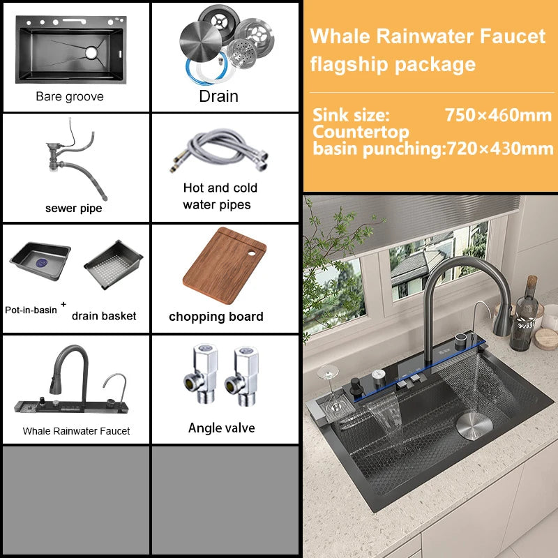 New Stainless Steel Waterfall Kitchen Sink Embossed Extra Large Single Slot Digital Display Dishwashing Sinks With Draining Rack