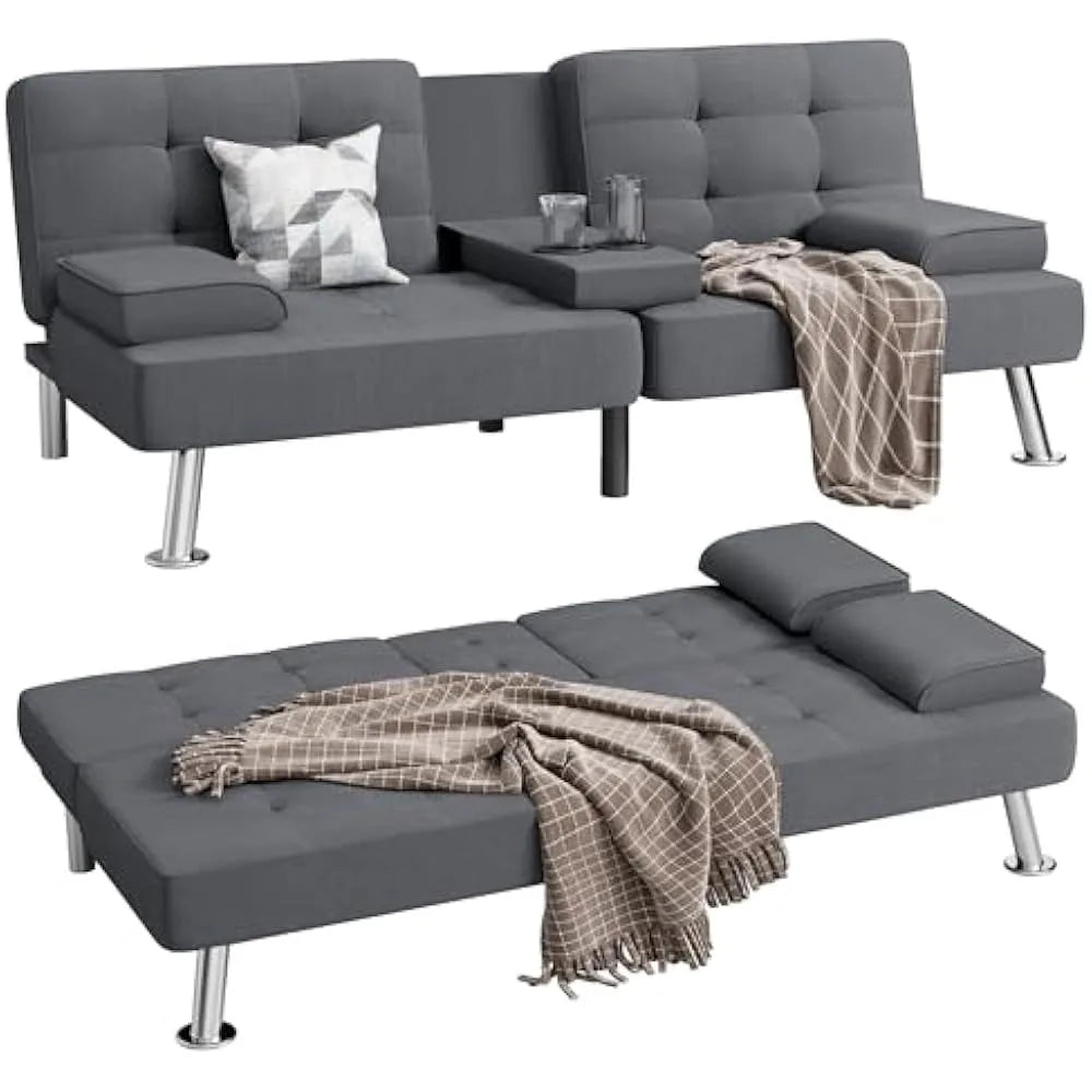 Modern Sofa Bed with Cupholders & Metal Legs