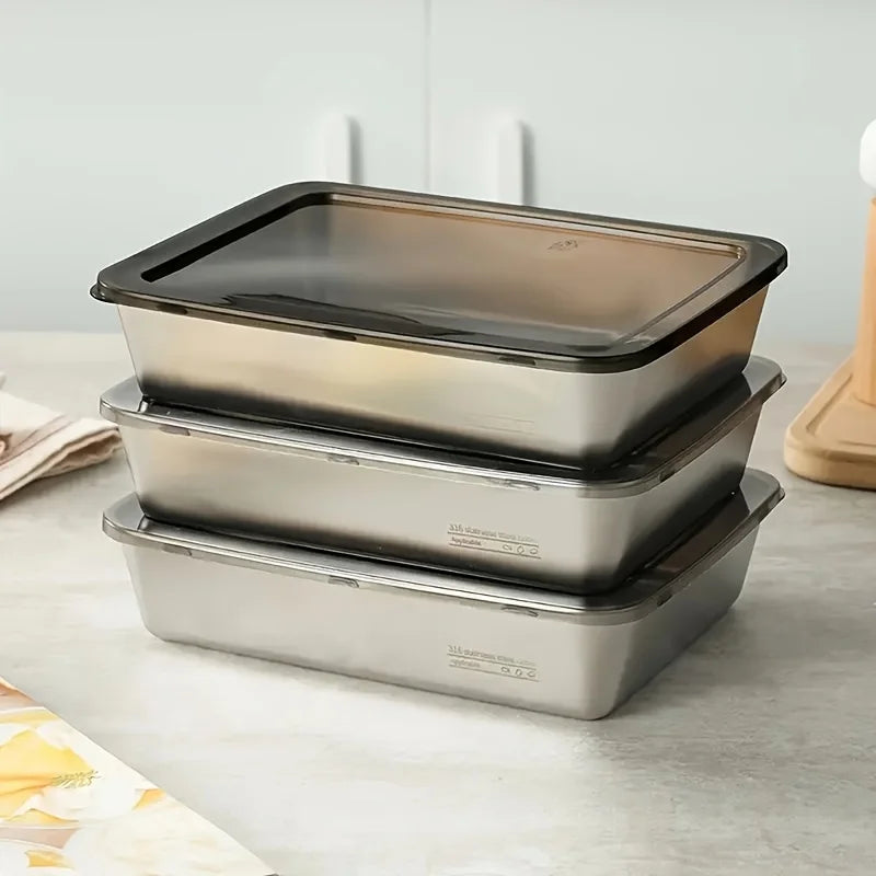 1-6Pcs Stainless Steel Food Containers with Black Lids, Kitchens Accessories, Holds Knifes, Stackable Kitchen Meal Prep Storage