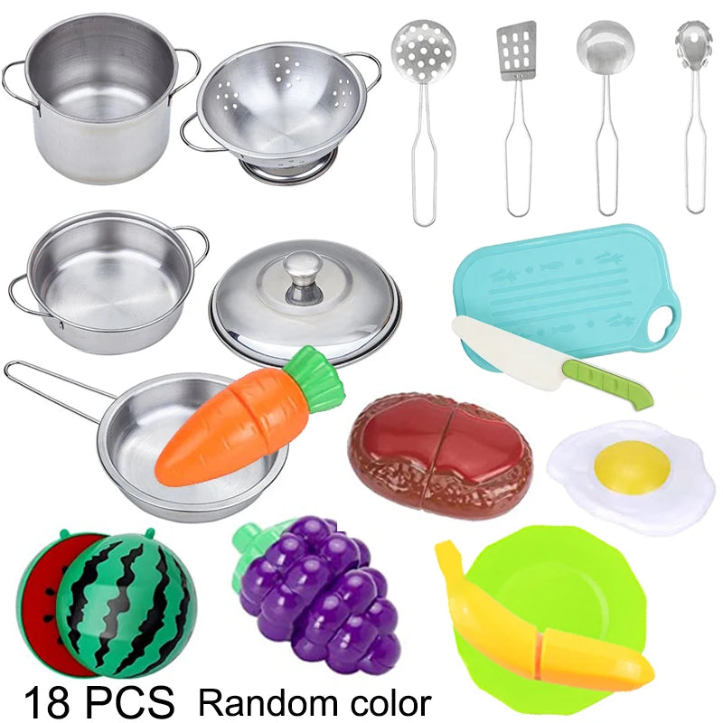 Kitchen Pretend Play Toys with Stainless Steel Cookware Pots and Pans Set, Cooking Kitchen Toys Education Pretend Play
