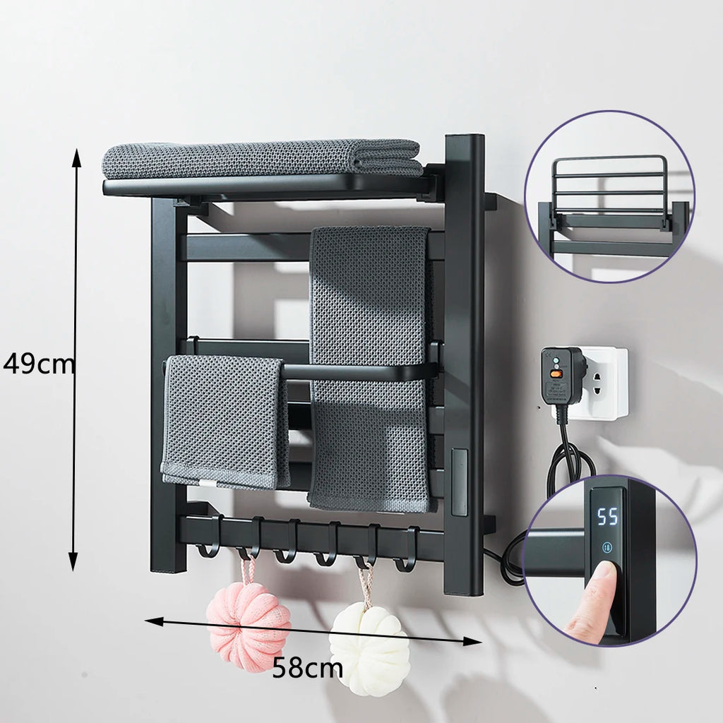 Black Bathroom Electric Heated Towel Rack with Digital Display Touch Thermostatic Dry Towel 304 Stainless Steel Heater