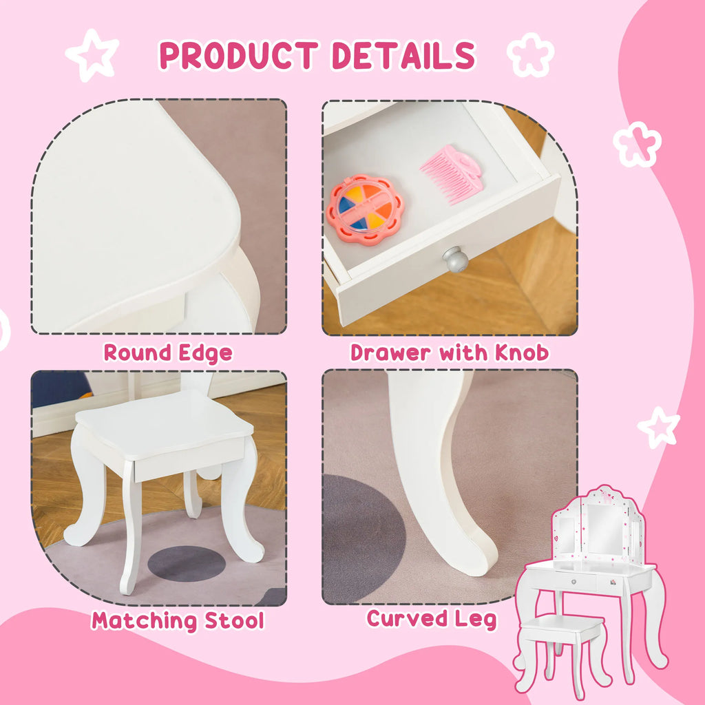 HOMCOM Kids Vanity Table & Stool Girls Dressing Set Make Up Desk with Rotatable Mirrors Drawer Star & Heart Pattern White